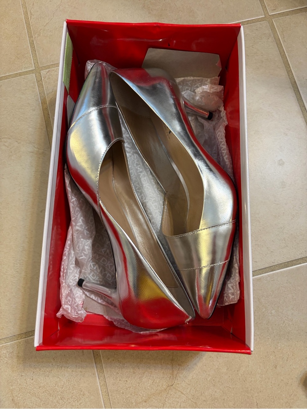 DKNY Metallic Silver Pointed Toe Pumps